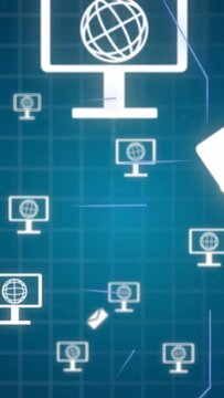 Vertical video: Sweeping grid lines starting network flow, white monitor scaling, mails floating