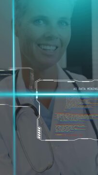 Vertical video: Dr looking up after HUD panels sliding, cyan scan crossing face for AI DATA MINING