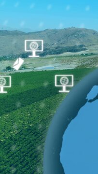 Vertical video: Globe sliding from right causing screens popping over fields and showing global net