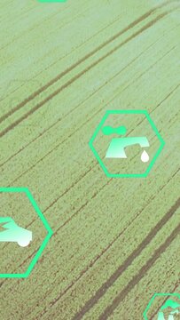 Vertical video: EV hex appearing, AR icons floating over field, camera panning, showing eco metrics