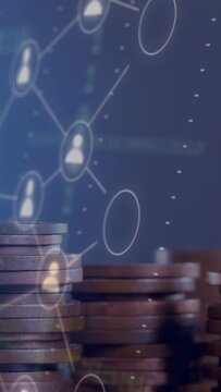 Vertical video: At start stacked coins spurring holo, linking nodes and cards, showing fintech ID