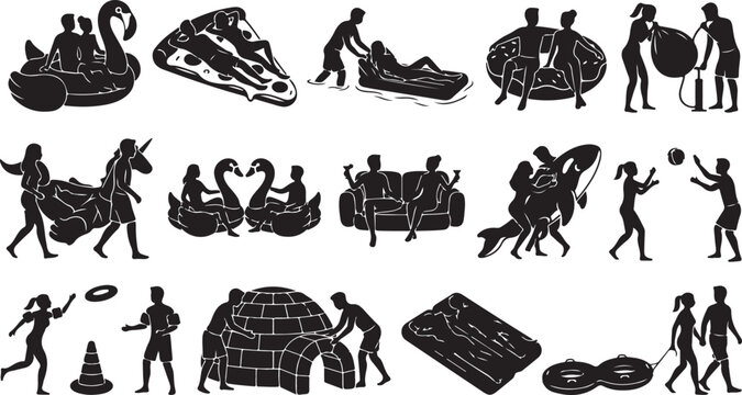Set of black silhouettes of people having summer fun with inflatable pool floats and beach toys during vacation at the swimming pool or beach isolated on white background, Vector, illustration