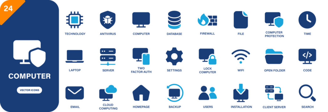 Computer icon. Containing folder, code, installation, computer protection, database, technology. Solid vector icon set.