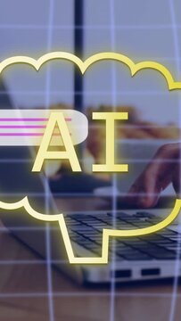 Vertical video: Yellow AI cloud camera panning mail sliding bits falling hands typing showing mail