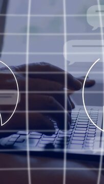 Vertical video: Fingers moving into typing, chat and AI icons sliding over grid, sending messages