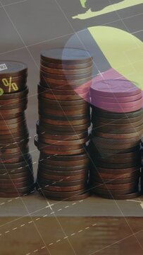Vertical video: On overlay fade 3 coin stacks static while charts growing, sweeping to show trends