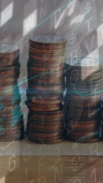 Vertical video: Passing funds layer drifting over three coin stacks casting teal arcs showing rates