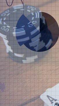 Vertical video: On play, overlays animating over poker chip stack, visualizing bar line pie binary