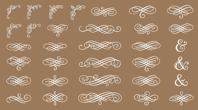 Elegant calligraphic flourishes and swirl ornaments, set of 8 black ink decorative vector elements, hand drawn filigree scroll accents for wedding invitations