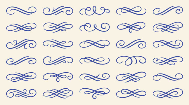 Elegant calligraphic flourishes and swirl ornaments, set of 8 black ink decorative vector elements, hand drawn filigree scroll accents for wedding invitations