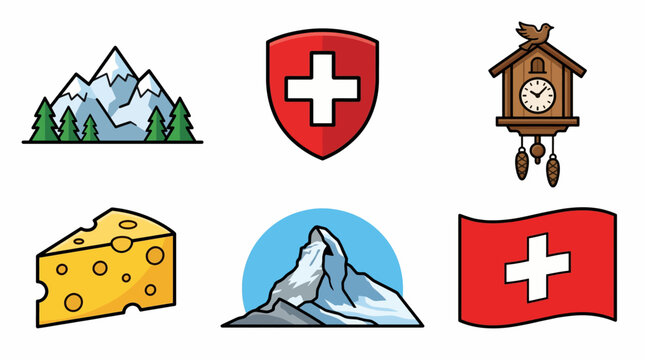 Swiss mountains and cheese with a clock tower and flag symbols