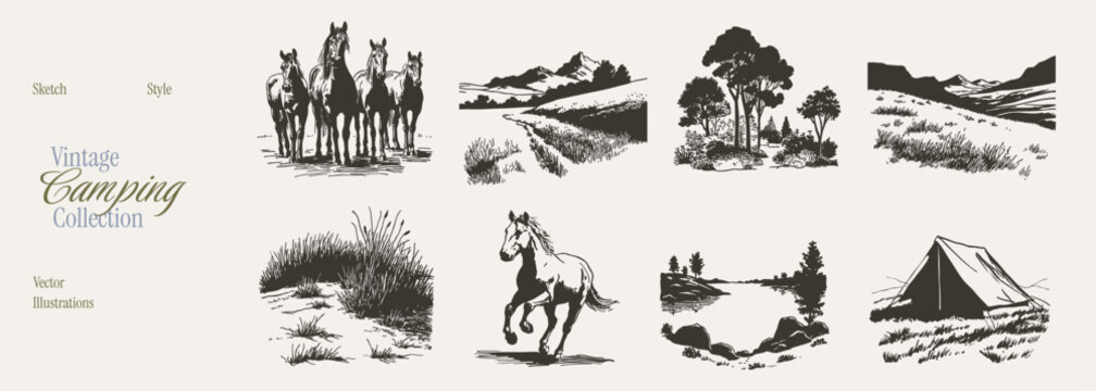 Galloping horses and wild mountain nature scenery. Illustrations for ranch branding and travel postcards. Artistic hand drawn sketch style with a gritty charcoal hatching texture.