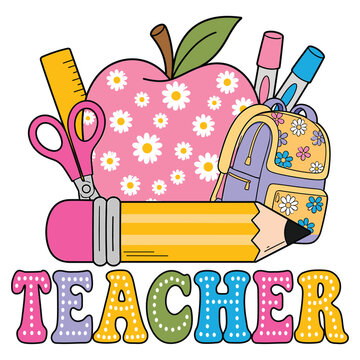 Cute Teacher School Supplies Vector Illustration with Apple and Backpack