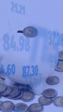 Vertical video: On start camera panning piggybank coins shifting numbers rising showing savings