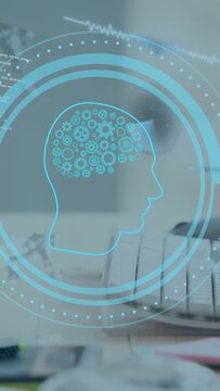 Vertical video: Hand pressing keys, HUD gear brain pulsing, code appearing, showing coding process