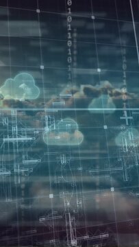 Vertical video: Grid shift initiating clouds and HUD drifting, binary rising, showing cloud network