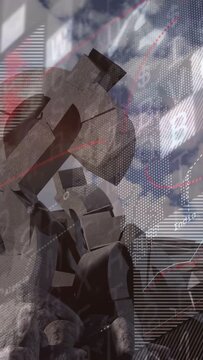 Vertical video: Camera shifting down, showing metal art while data glyphs floating, giving insight