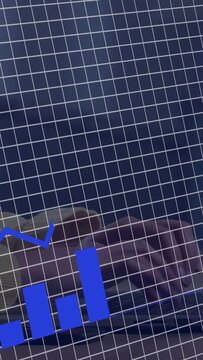 Vertical video: Female hand tapping screen making blue bars and line rising, settling for finance