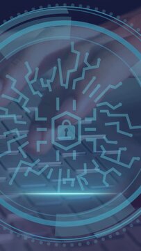 Vertical video: Hands typing keyboard, security label appearing, HUD padlock pulsing, securing data
