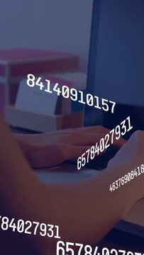 Vertical video: Woman placing hands on keys, typing on laptop for tech, numbers rotating over hands