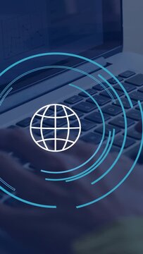 Vertical video: Woman typing on laptop keys finger pressing initiating HUD globe rings showing tech