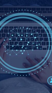 Vertical video: Female hands typing on laptop, keystrokes showing neural data via blue tech HUD