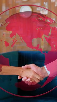 Vertical video: Business man offering hand, woman accepting greeting red globe centering over hands