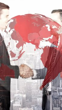 Vertical video: Men shaking hands in set, rotating red globe showing skyline, closing business deal