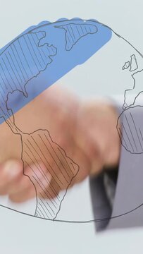 Vertical video: Sleeve entering hands shaking while globe sketching and filling signaling pact