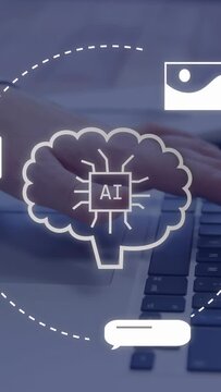 Vertical video: Hand hovering pad L form growing forming AI brain chip icons orbiting showing links