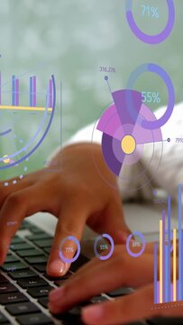 Vertical video: Child pressing laptop keys and generating animated radial charts for education task
