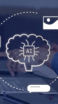 Vertical video: Two women lifting hands, sparking AI brain over hands, orbit icons aiding tech work
