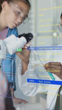 Vertical video: Adult entering, teaching pipette use at microscope while finance graphs overlaying