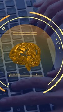 Vertical video: Female hands typing keyboard, activating HUD with golden brain rotating for AI demo