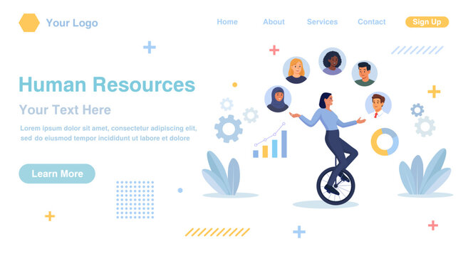 HR manager riding unicycle balance, juggling team members to choose winner candidate. Talent or employee management. Human resources management to control staff. Business multitasking
