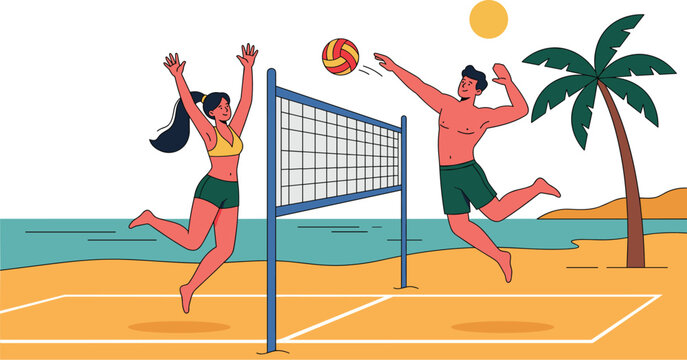 Beach volleyball players jumping near net on tropical seaside court summer sport cartoon vector illustration