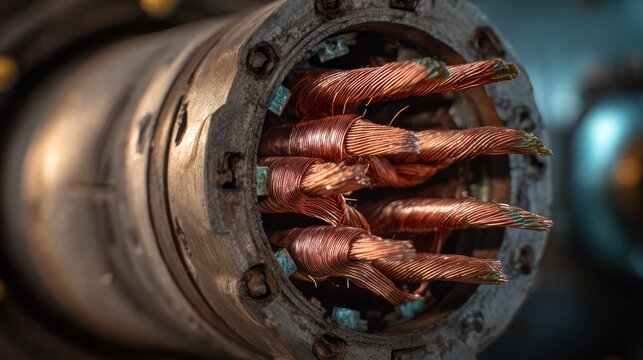Close up macro view of electric motor stator with detailed copper windings showing precision engineering, industrial machinery components, electrical power system technology, and mechanical manufactur