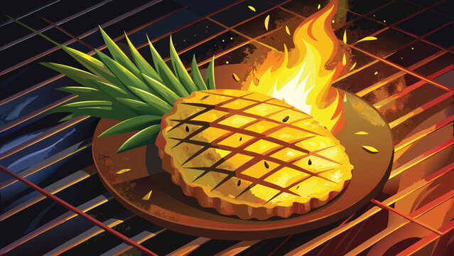 Grilled pineapple slice with charred grill marks cooking on hot BBQ metal grate surrounded by bright orange fire flames delicious summer fruit dessert preparation technique for outdoor barbecue event.
