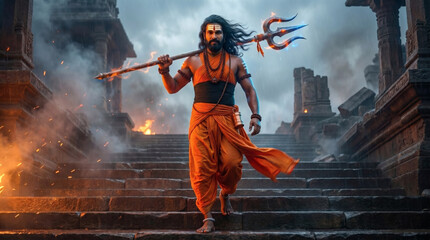 Naklejka premium Machindranath descending ancient burning palace staircase carrying trishul through smoke and glowing embers illustration wallpaper