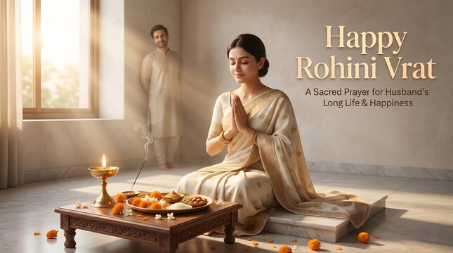 Woman in traditional indian attire praying for husband's long life and happiness on rohini vrat