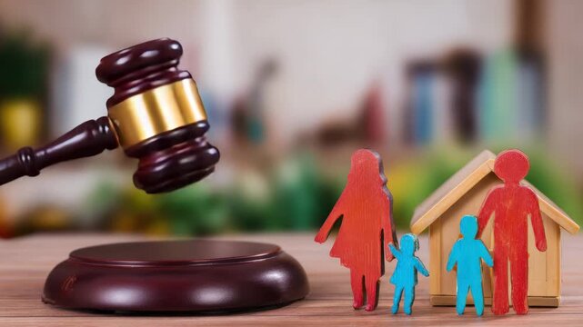 Family law and divorce concept Gavel with wooden family figures and house model on table
