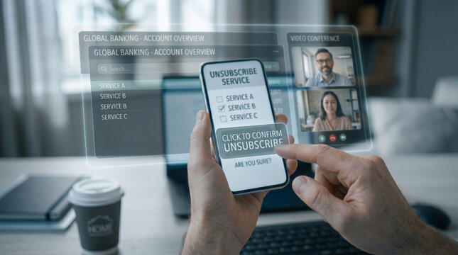 A person uses a mobile phone to unsubscribe from a banking service during a remote work video conference in a home office.