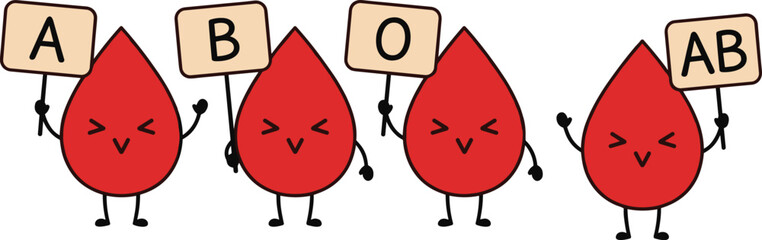 Cartoon blood drop characters holding signs with A, B, O, and AB blood types in vector design concepts © Sheikh