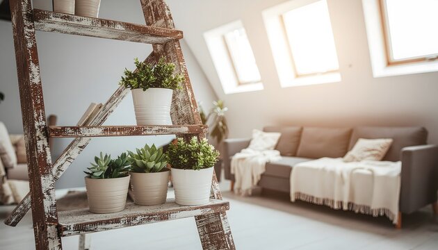 Cozy attic living room with plants, sofa, and natural light streaming through skylights.