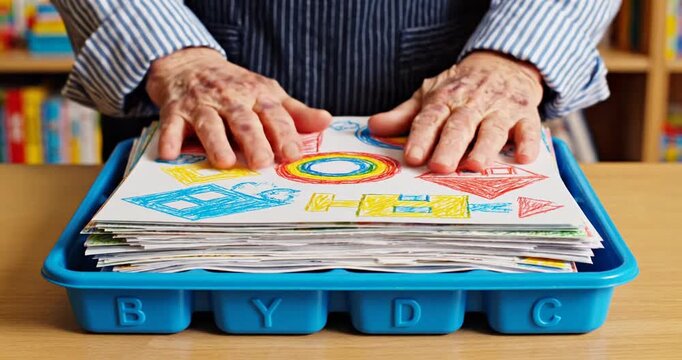Person Organizing Colorful Educational Materials.