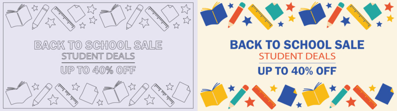 Back to school sale banner set with student supplies, books, pencils, rulers and stars, flat vector illustration for education promotion and discount offers