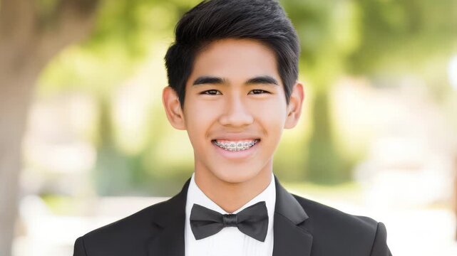 Smiling Asian Teenage Boy in Tuxedo Collage Portrait Wearing Braces and Bow Tie for Formal Occ