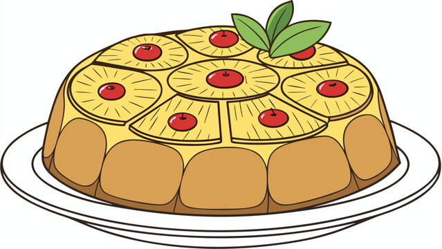 Delicious pineapple upside-down cake with perfectly arranged pineapple rings, red cherries, and fresh mint leaves, served on a white plate, line art style with color fill.