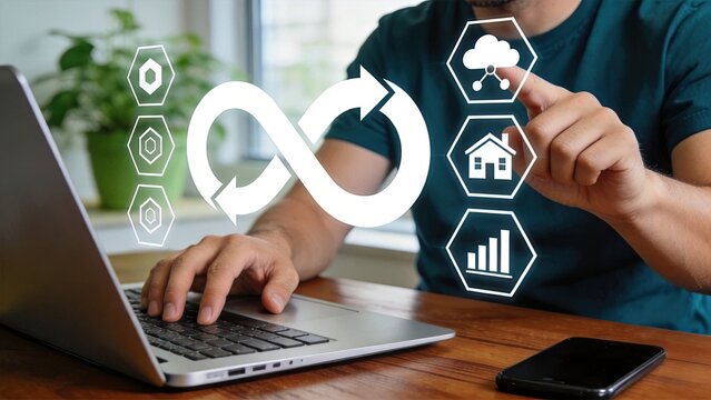 Developer working on laptop with infinity loop symbol and cloud computing icons, representing DevOps methodology, continuous integration, deployment cycle, software development,