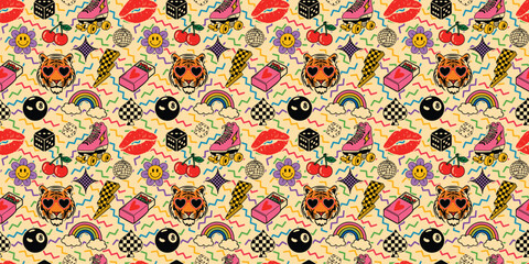 Naklejka premium Dopamine Eclectic Seamless Pattern Vector with Retro Tiger, Roller Skate, Smiley Flower and Cherry, Funky Y2K Maximalist Repeat Print